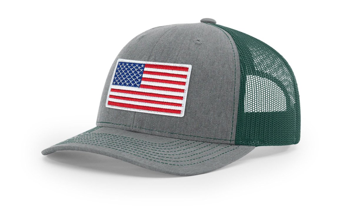 Joe's USA Flag Snapback Trucker Cap Red/White/Blue USA Flag Heather Grey / Dark Green Hats