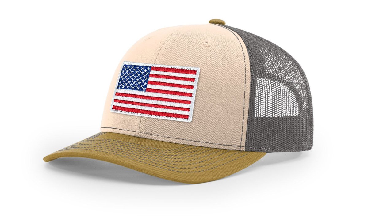 Joe's USA Flag Snapback Trucker Cap Red/White/Blue USA Flag Mink Beige / Charcoal / Amber Gold Hats