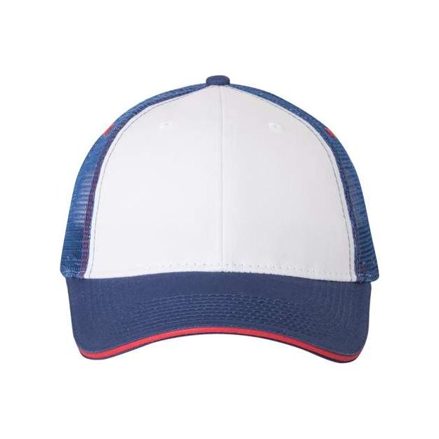 Joe's USA J102 Sandwich Trucker Cap - Wholesale Two - Tone Mesh Cap White/ Royal/ Red Adjustable Caps