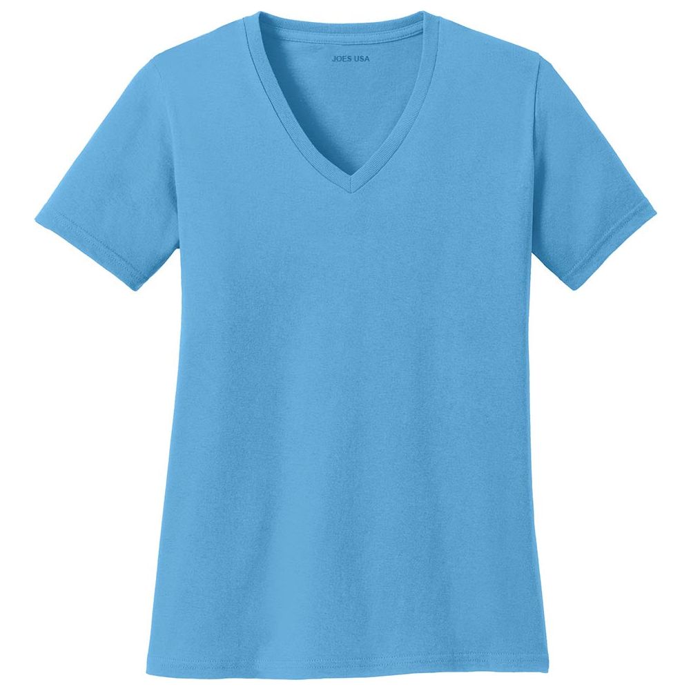 Joe's USA Ladies 5.4 - oz 100% Cotton V - Neck T-Shirt Aquatic Blue XS Short Sleeve T-Shirts