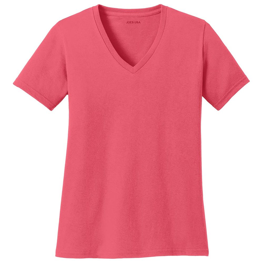 Joe's USA Ladies 5.4 - oz 100% Cotton V - Neck T-Shirt Coral XS Short Sleeve T-Shirts