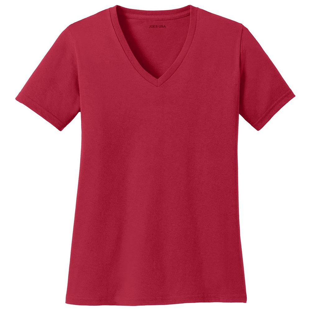 Joe's USA Ladies 5.4 - oz 100% Cotton V - Neck T-Shirt Red XS Short Sleeve T-Shirts