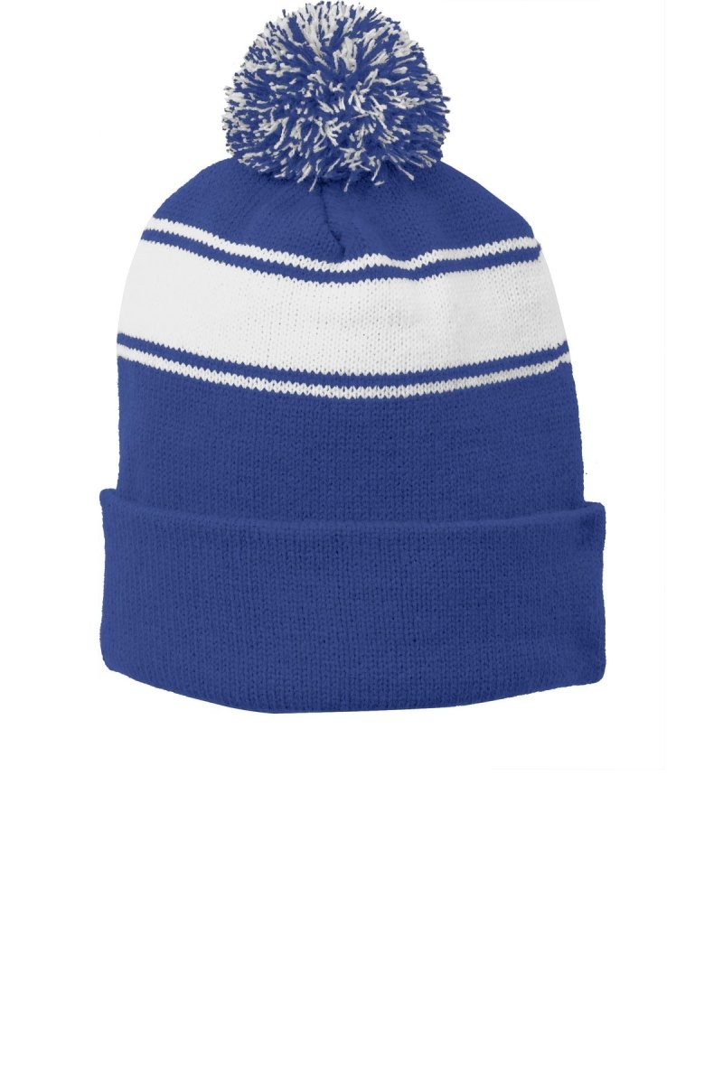 Joe's USA Stripe Pom Pom Beanie True Royal/ White OSFA Beanies