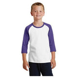 Joe's USA Youth 50/50 Cotton/Poly 3/4 - Sleeve Raglan T-Shirt Youth Small White/Purple Short Sleeve T-Shirts