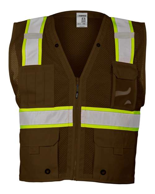Kishigo Unisex EV Series® Enhanced Visibility Multi - Pocket Mesh Vest - Kishigo B100 - 111 Brown/ Lime - B108 S/M