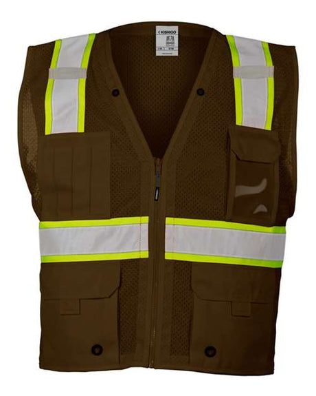 Kishigo Unisex EV Series® Enhanced Visibility Multi - Pocket Mesh Vest - Kishigo B100 - 111 Brown/ Lime - B108 S/M