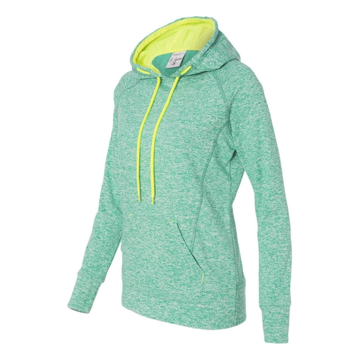 Ladies' Cosmic Poly Contrast Hooded Pullover Sweatshirt Emerald/ Neon Yellow Large Sweatshirts