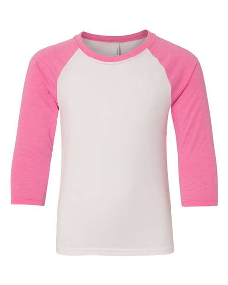 Next Level Youth CVC Three - Quarter Sleeve Raglan T-Shirt - Next Level 3352 Hot Pink Sleeves/ White Body XL Short Sleeve T-Shirts