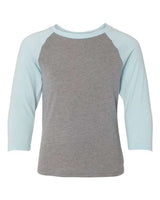 Next Level Youth CVC Three - Quarter Sleeve Raglan T-Shirt - Next Level 3352 Ice Blue Sleeves/ Dark Heather Grey Body XL Short Sleeve T-Shirts