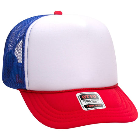 OTTO CAP 5 Panel High Crown Mesh Back Trucker Hat OTTO 39 - 165 Red/Wht/Ryl Young Adult Hats