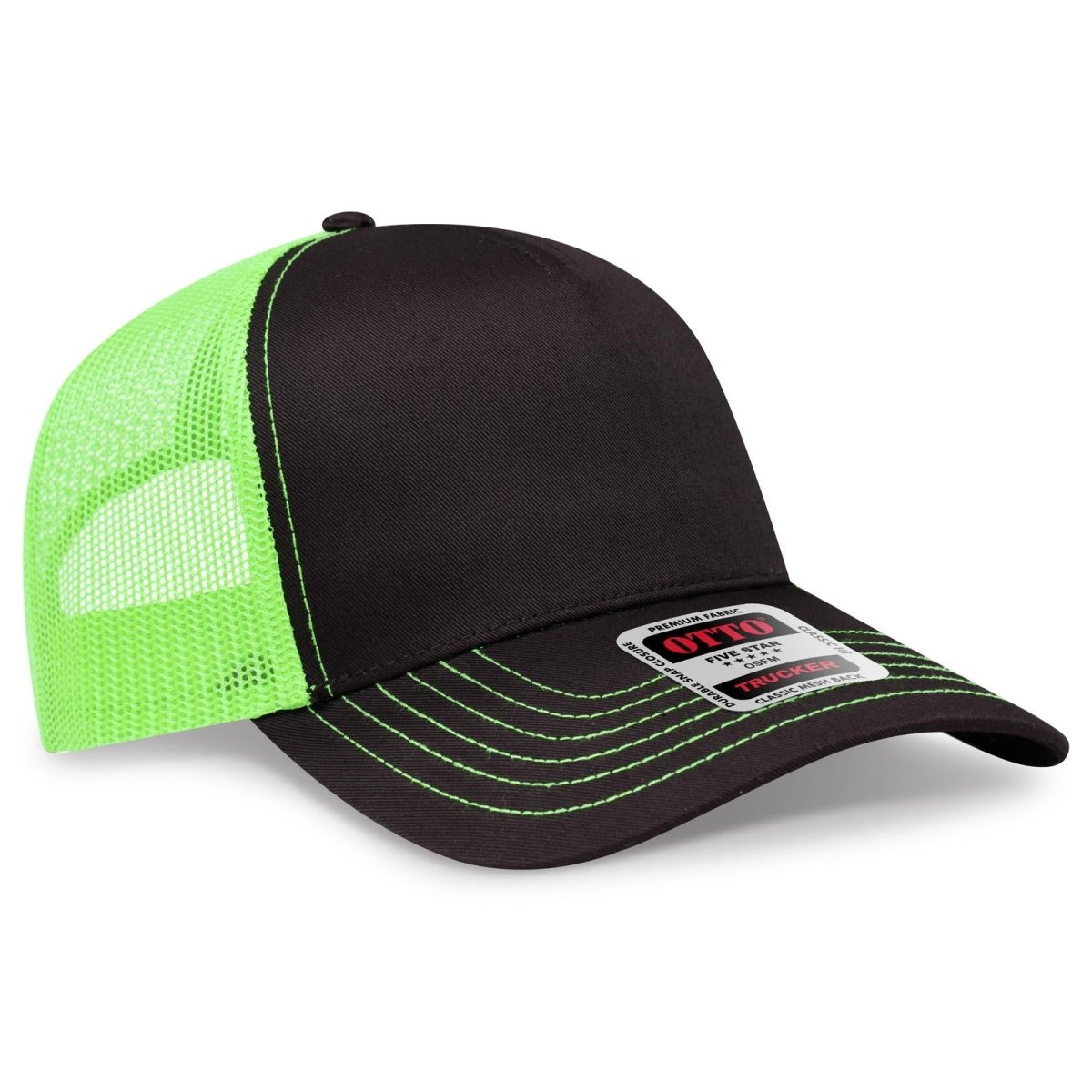 OTTO CAP 5 Panel Low Profile Mesh Back Trucker Hat OTTO 102 - 664 Blk/Blk/N.Grn OSFM - Adult Hats