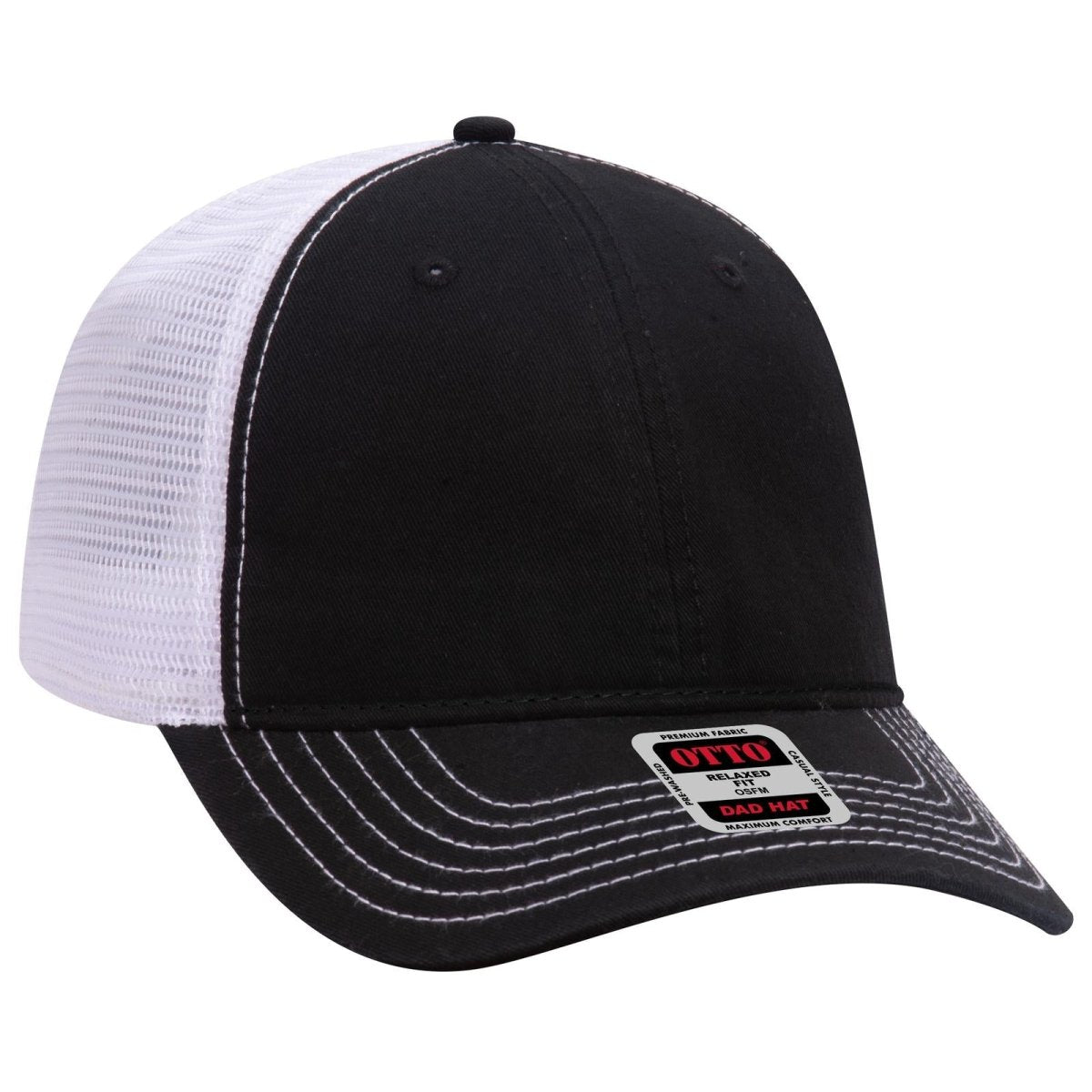 OTTO CAP 6 Panel Low Profile Mesh Back Trucker Dad Hat OTTO 121 - 858 Blk/Blk/Wht OSFM - Adult Hats