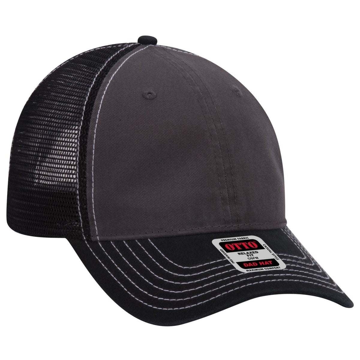 OTTO CAP 6 Panel Low Profile Mesh Back Trucker Dad Hat OTTO 121 - 858 Blk/Ch.Gry/Blk OSFM - Adult Hats