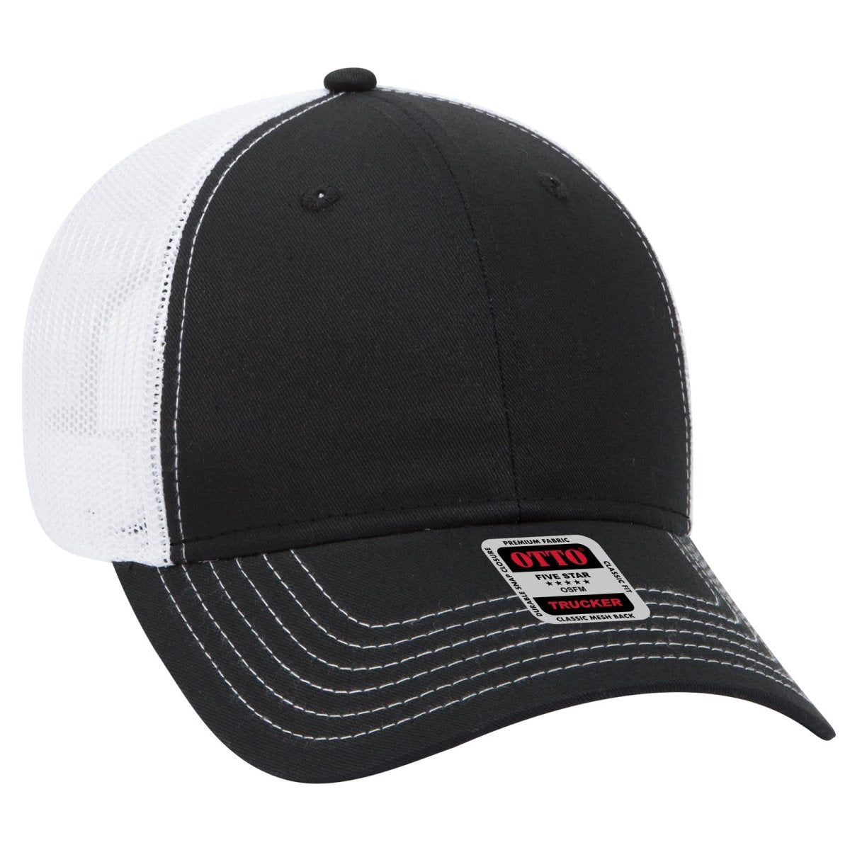 OTTO CAP 6 Panel Low Profile Mesh Back Trucker Hat OTTO 83 - 1239 Blk/Blk/Wht OSFM - Adult Hats