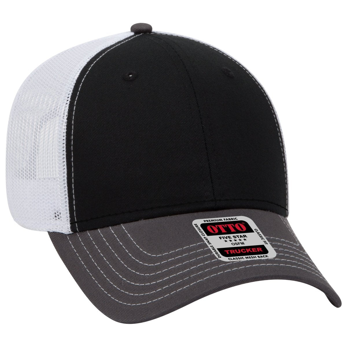 OTTO CAP 6 Panel Low Profile Mesh Back Trucker Hat OTTO 83 - 1239 Ch.Gry/Blk/Wht OSFM - Adult Hats