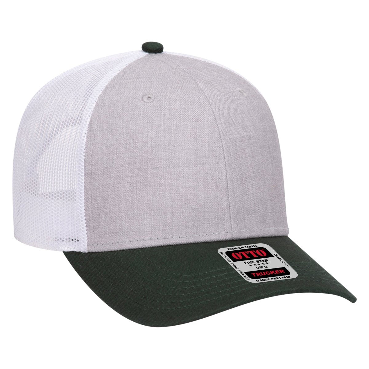 OTTO CAP 6 Panel Low Profile Mesh Back Trucker Hat OTTO 83 - 1239 DarkGreen/HeatherGray/White OSFM - Adult Hats