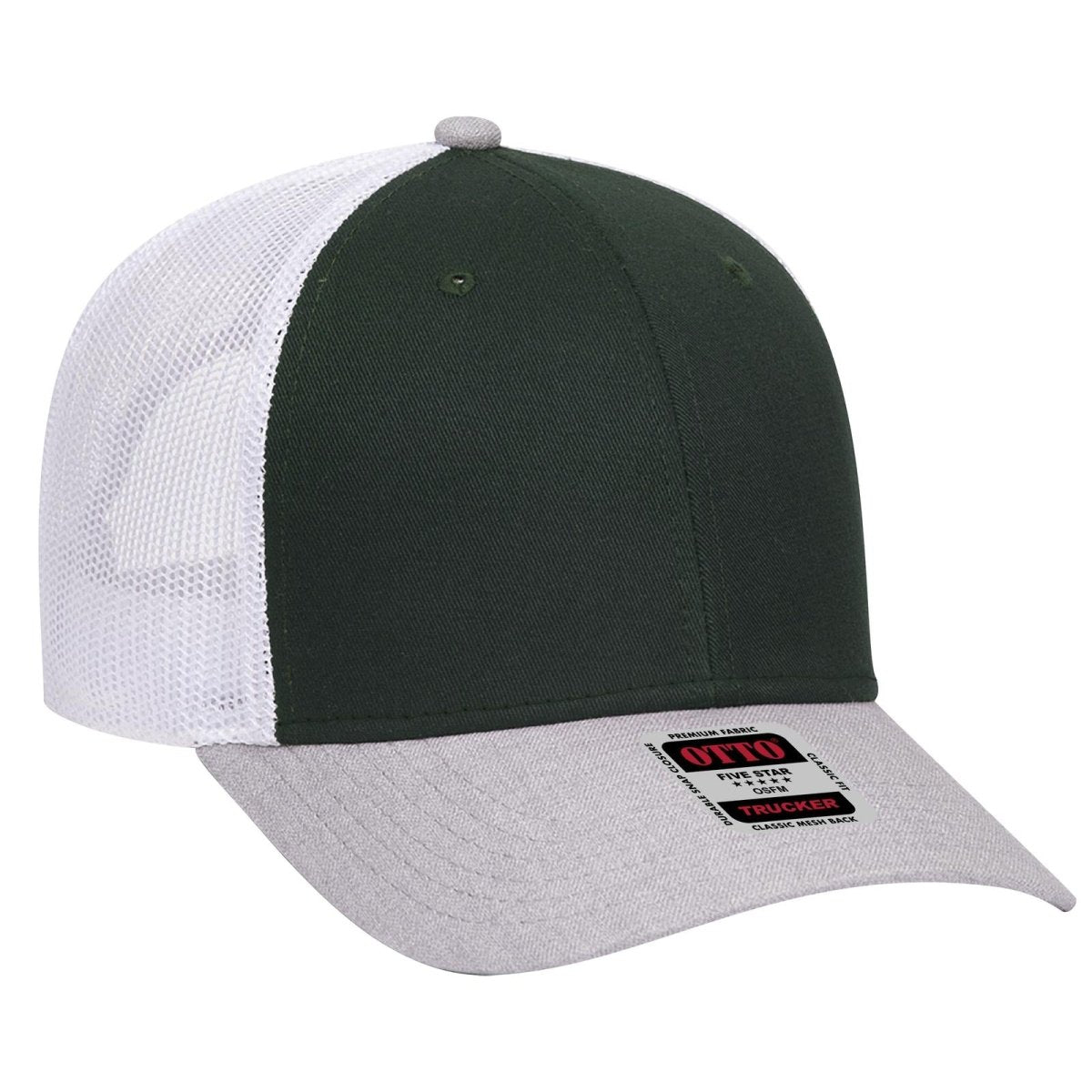 OTTO CAP 6 Panel Low Profile Mesh Back Trucker Hat OTTO 83 - 1239 HeatherGray/DarkGreen/White OSFM - Adult Hats