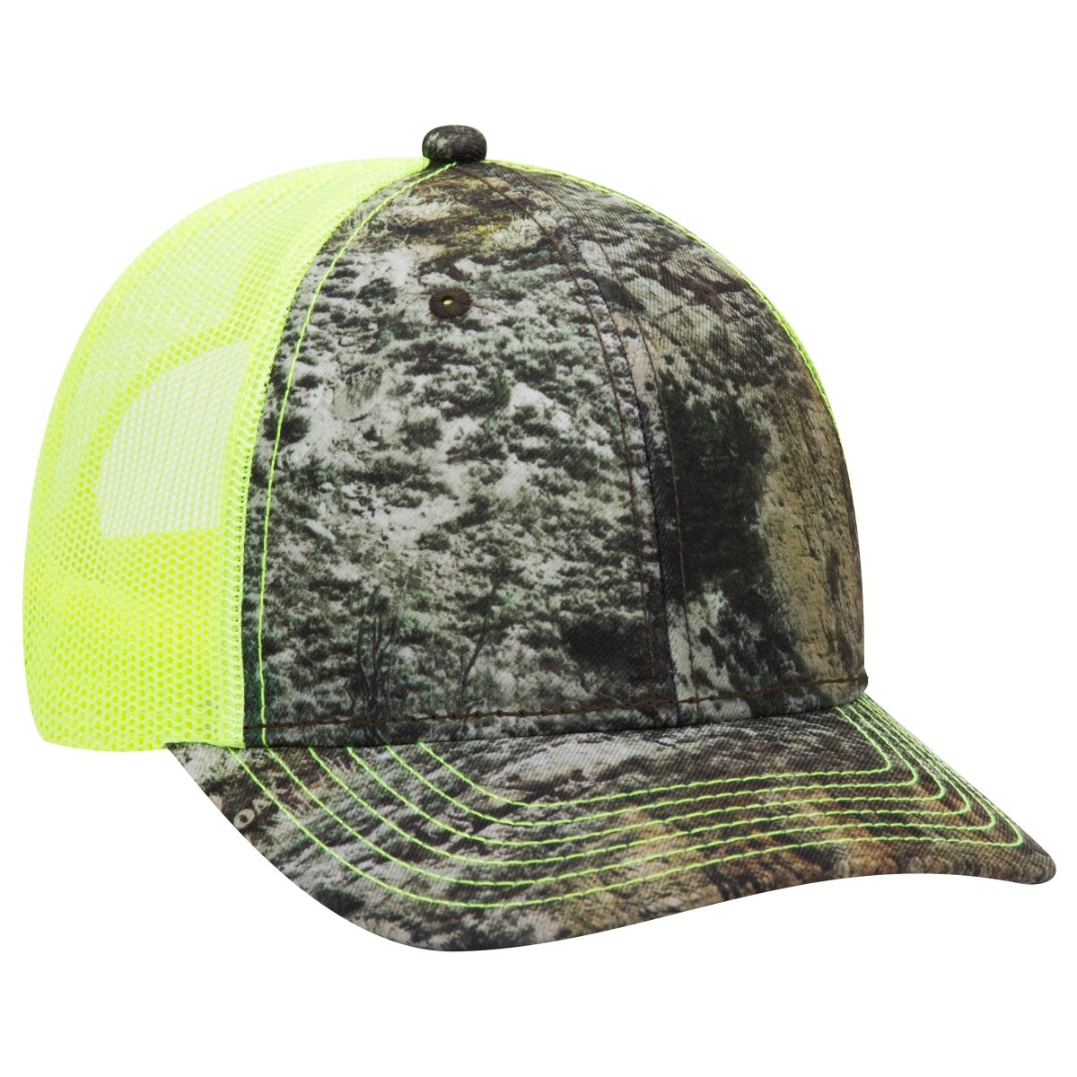 OTTO CAP Mossy Oak Camouflage 6 Panel Low Profile Mesh Back Trucker Hat OTTO 171 - 1293 Mountain Country Range/N.Ylw OSFM - Adult Hats
