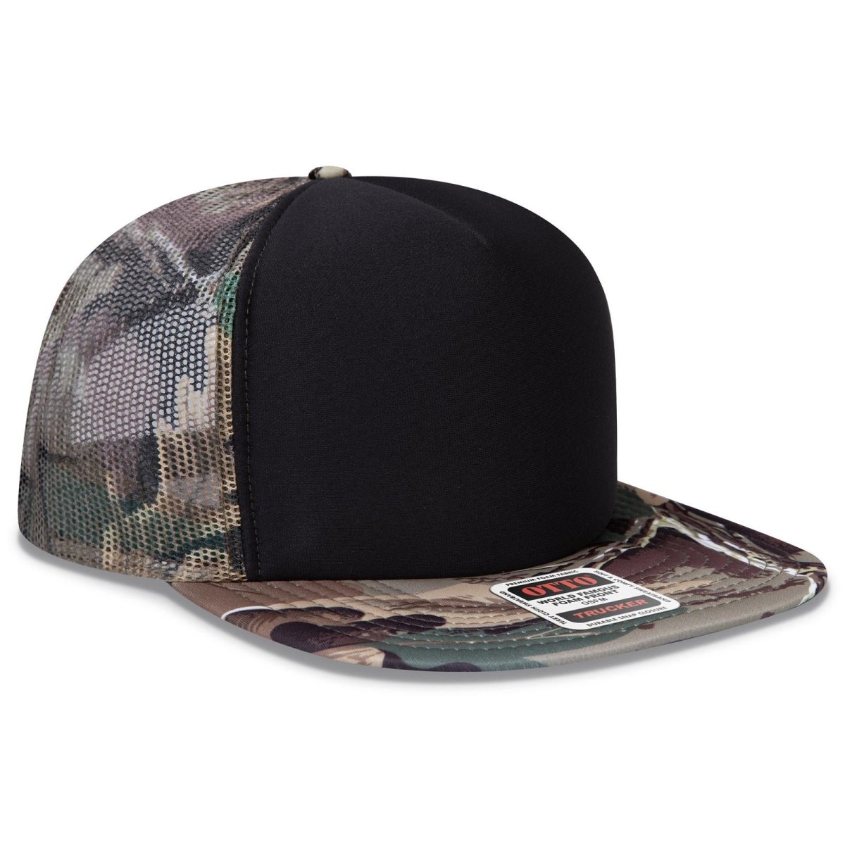 OTTO CAP "OTTO SNAP" 5 Panel High Crown Mesh Back Trucker Snapback Hat OTTO 132 - 1037 Blk/Kha/Brn/Lt.Ol.Grn OSFM - Adult Hats