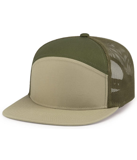 Pacific Headwear 6 - Panel Arch Trucker Snapback Cap - Pacific Headwear P787 KHAKI/MOSS/KHAKI OS