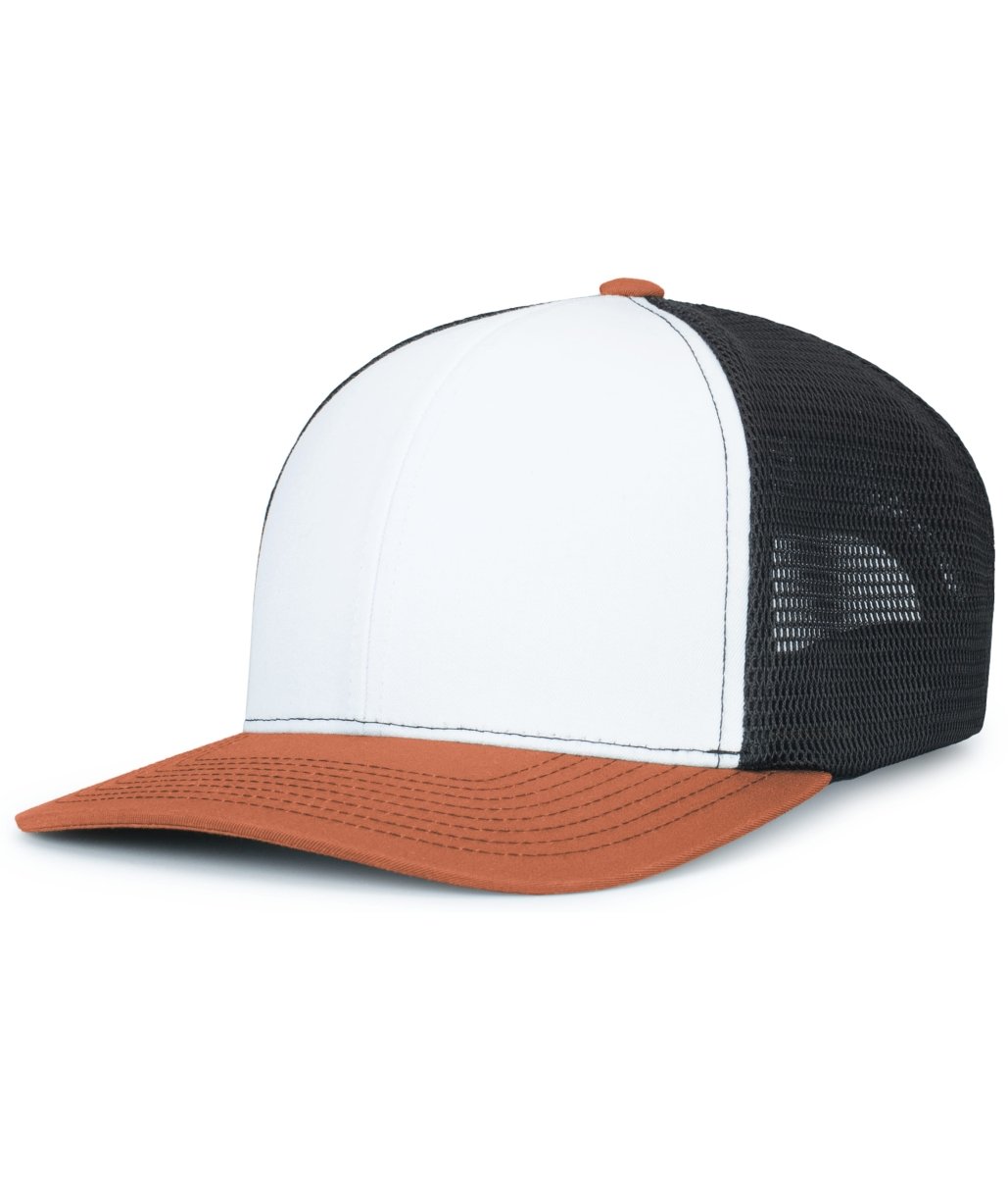 Pacific Headwear Contrast Stitch Trucker PacFlex Snapback Cap - Pacific Headwear P151S WHITE/LIGHT CHARCOAL/RUST OS