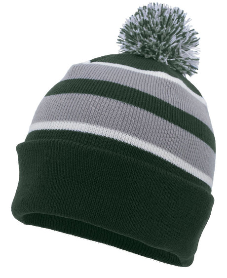Pacific Headwear Knit Fold Over Pom - Pom Beanie 641K DARK GREEN/SILVER/WHITE OS