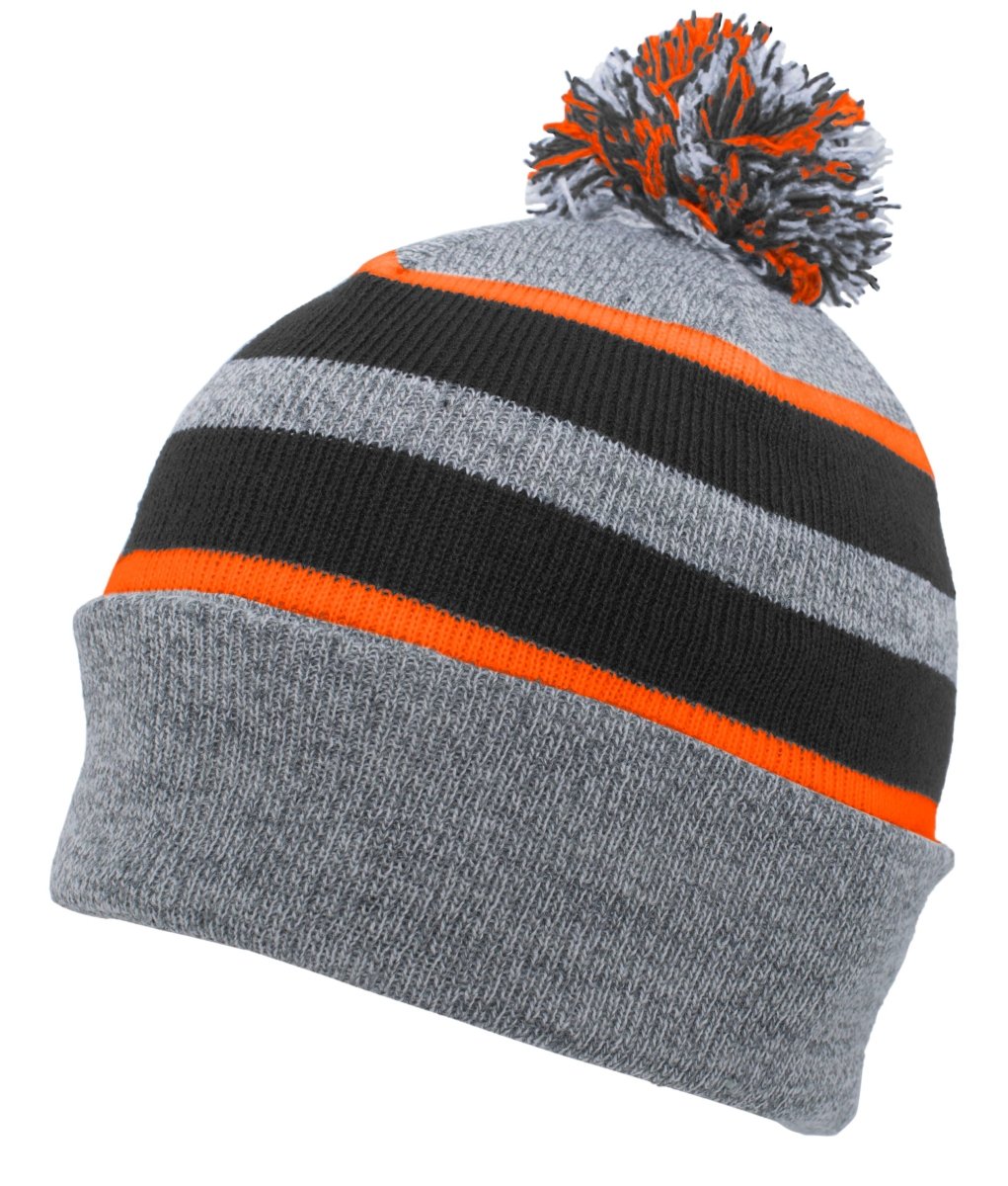 Pacific Headwear Knit Fold Over Pom - Pom Beanie 641K HEATHER/BLACK/ORANGE OS