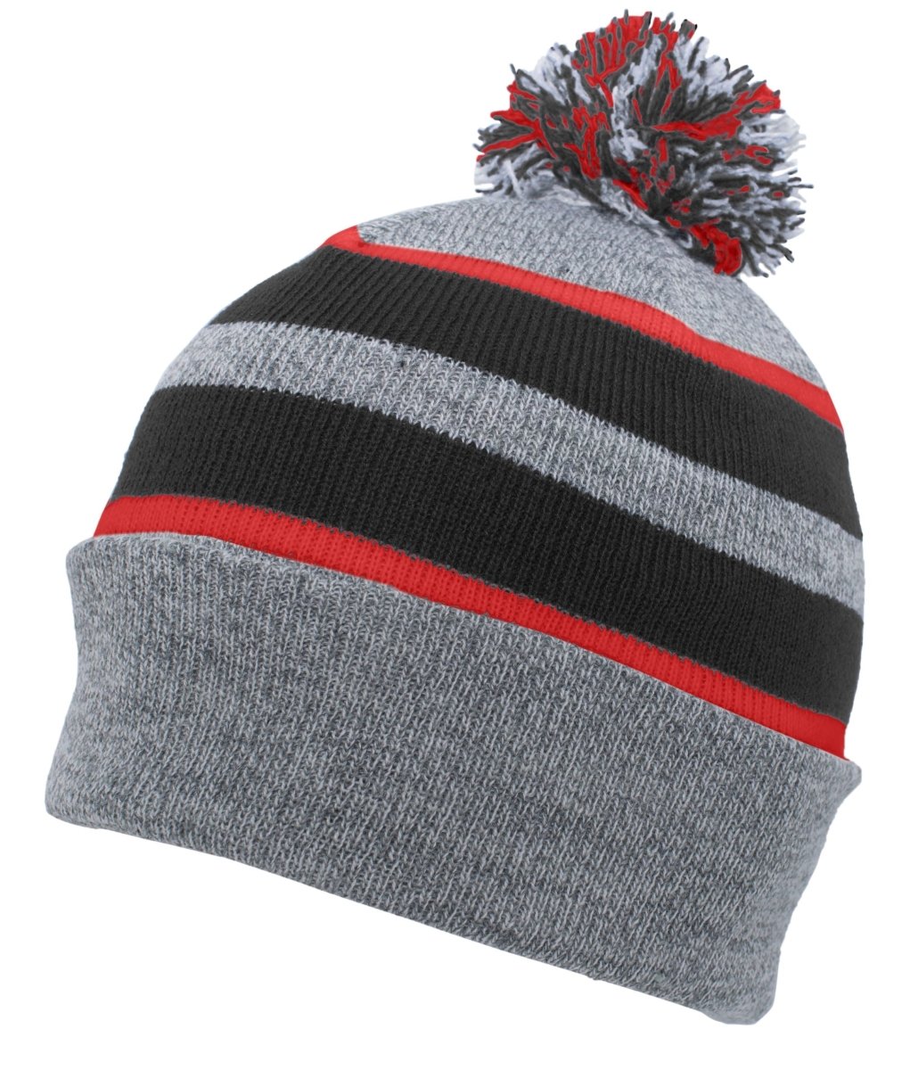 Pacific Headwear Knit Fold Over Pom - Pom Beanie 641K HEATHER/BLACK/RED OS