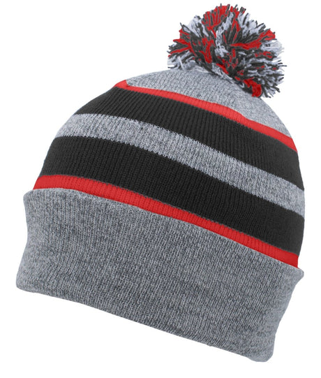 Pacific Headwear Knit Fold Over Pom - Pom Beanie 641K HEATHER/BLACK/RED OS