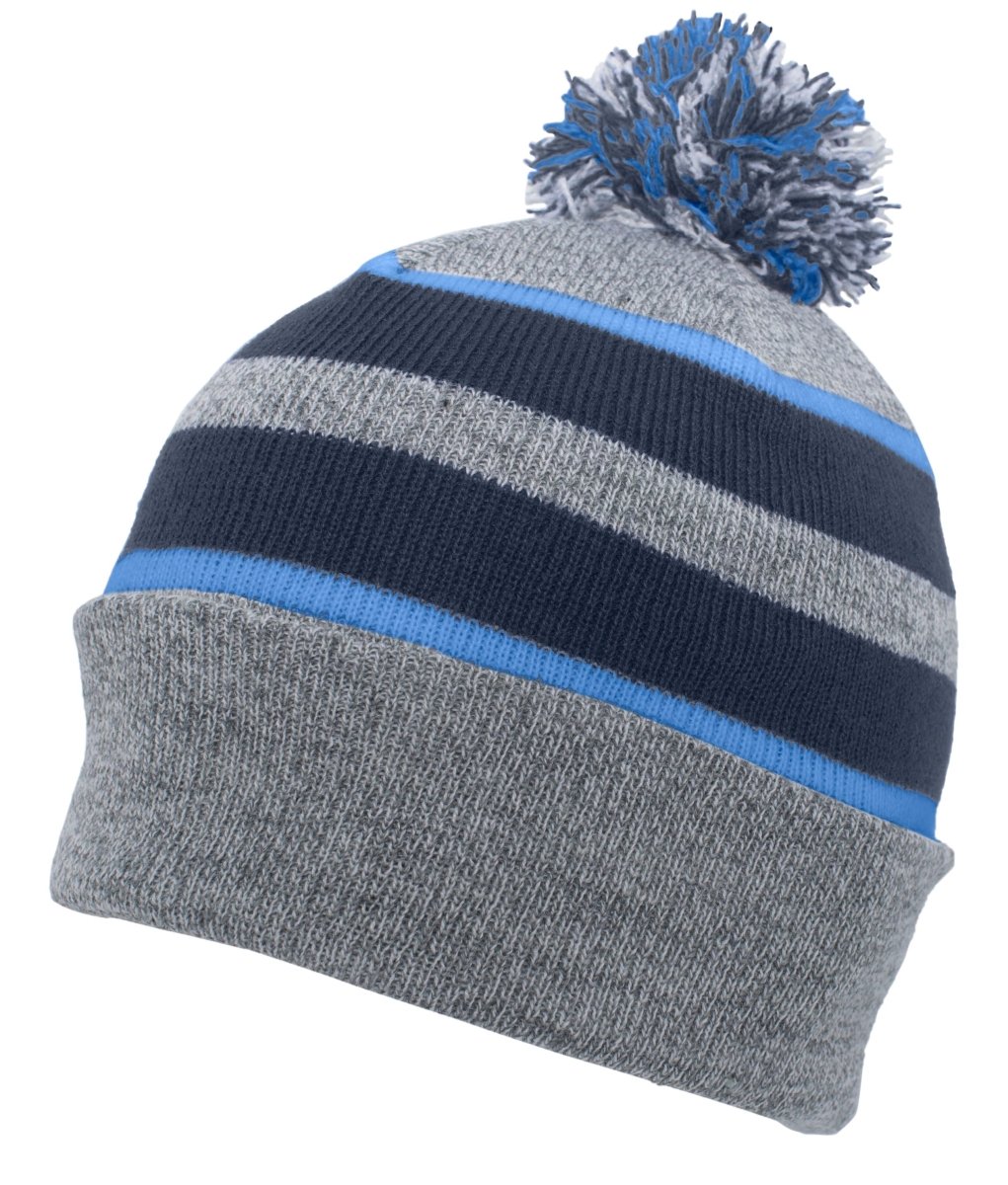 Pacific Headwear Knit Fold Over Pom - Pom Beanie 641K HEATHER/NAVY/COLUMBIA BLUE OS