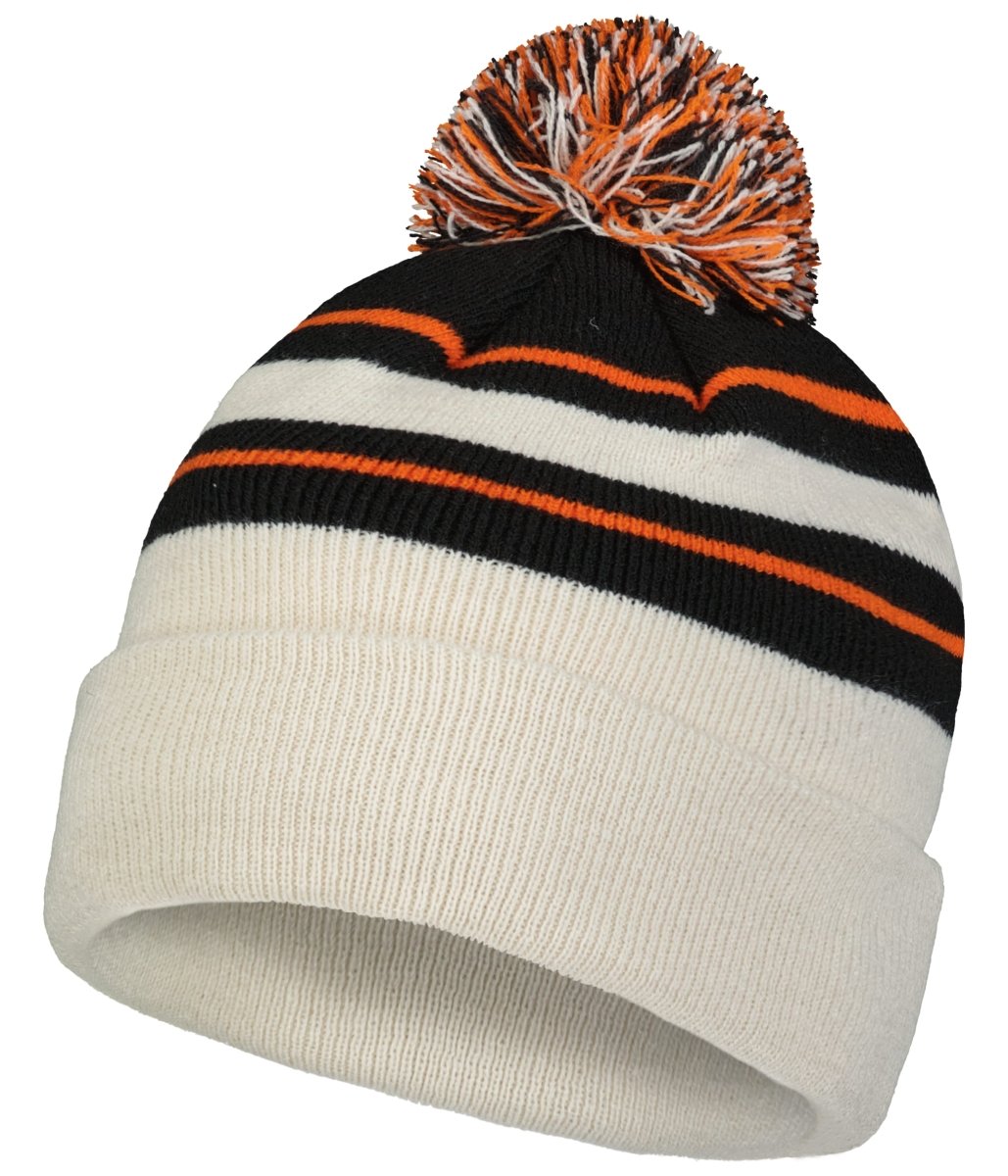 Pacific Headwear Knit Fold Over Pom - Pom Beanie 641K OAT/BLACK/ORANGE OS
