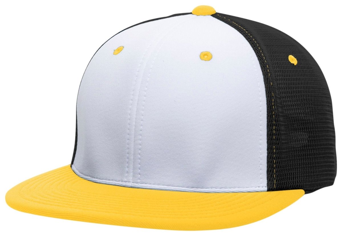 Pacific Headwear Premium M2 Performance Trucker Flexfit® Cap - Pacific Headwear ES341 WHITE/BLACK/GOLD S/M
