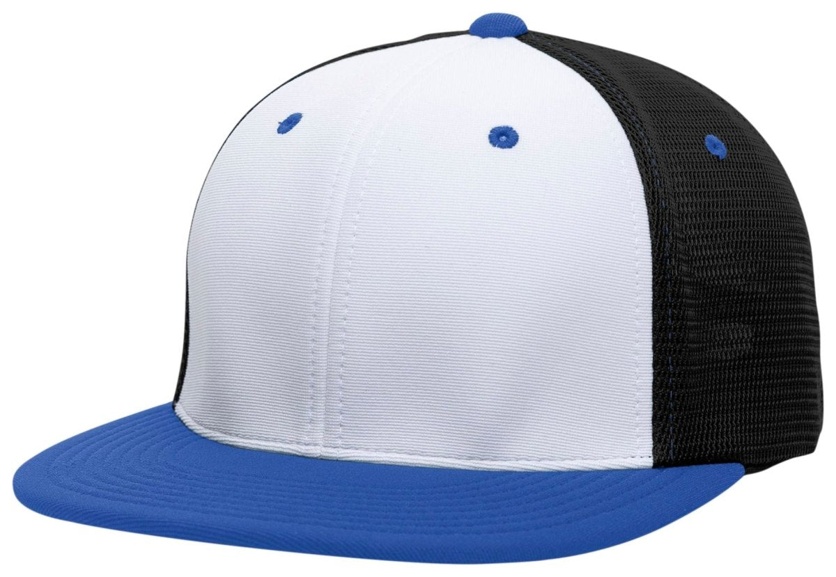 Pacific Headwear Premium M2 Performance Trucker Flexfit® Cap - Pacific Headwear ES341 WHITE/BLACK/ROYAL S/M