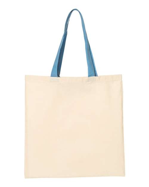 Q - Tees Economical Tote with Contrast - Color Handles - Q - Tees QTB6000 Natural/ Carolina Blue One Size Short Sleeve T-Shirts
