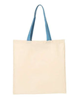 Q - Tees Economical Tote with Contrast - Color Handles - Q - Tees QTB6000 Natural/ Carolina Blue One Size Short Sleeve T-Shirts