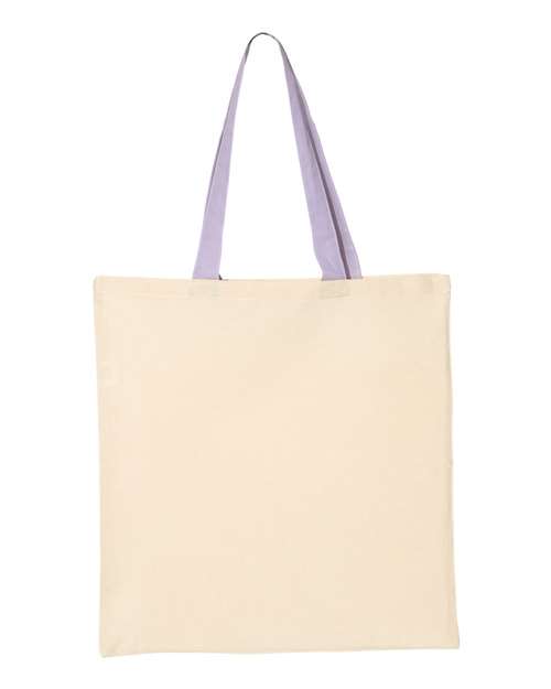 Q - Tees Economical Tote with Contrast - Color Handles - Q - Tees QTB6000 Natural/ Lavender One Size Short Sleeve T-Shirts