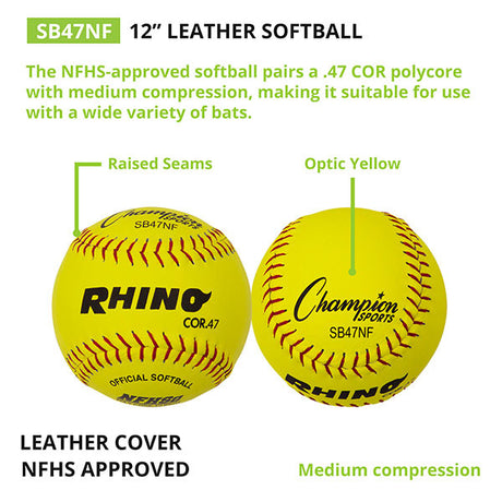 Champion Sports 11" LEATHER POLY CORE SOFTBALL, NFHS APPROVED