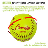 Champion Sports 12" SYNTHETIC LEATHER POLY CORE SOFTBALL, NFHS APPROVED