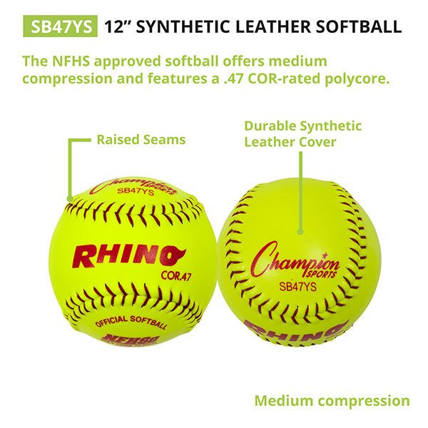 Champion Sports 12" SYNTHETIC LEATHER POLY CORE SOFTBALL, NFHS APPROVED