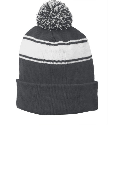 Sport - Tek ® Stripe Pom Pom Beanie. STC28 - Sport - Tek STC28 Iron Grey/ White OSFA Beanies