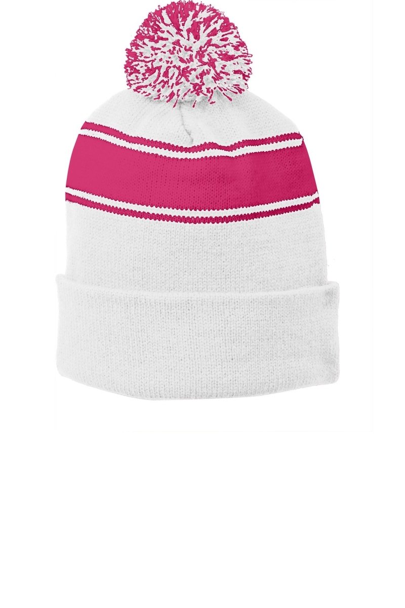 Sport - Tek ® Stripe Pom Pom Beanie. STC28 - Sport - Tek STC28 White/ Pink Raspberry OSFA Beanies