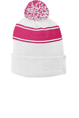 Sport - Tek ® Stripe Pom Pom Beanie. STC28 - Sport - Tek STC28 White/ Pink Raspberry OSFA Beanies
