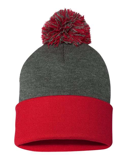 Sportsman 12" Pom - Pom Cuffed Beanie - Sportsman SP15 Dark Heather Grey/ Red One Size Beanies