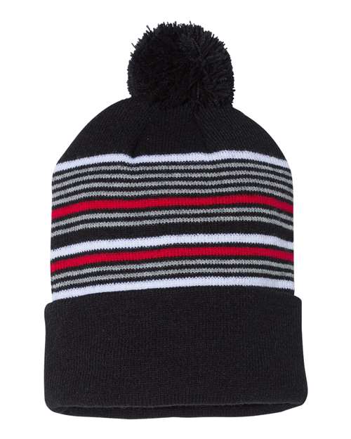 Sportsman 12" Striped Pom - Pom Cuffed Beanie - Sportsman SP60 Black/ White/ Grey/ Red One Size Beanies