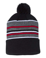 Sportsman 12" Striped Pom - Pom Cuffed Beanie - Sportsman SP60 Black/ White/ Grey/ Red One Size Beanies