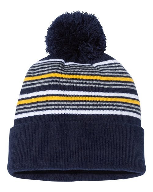 Sportsman 12" Striped Pom - Pom Cuffed Beanie - Sportsman SP60 Black/ White/ Grey/ Red One Size Beanies