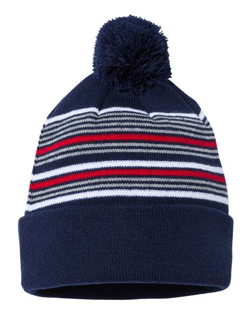 Sportsman 12" Striped Pom - Pom Cuffed Beanie - Sportsman SP60 Navy/ White/ Grey/ Red One Size Beanies