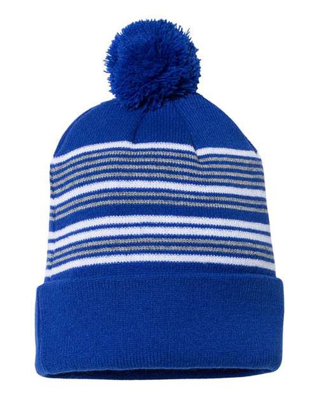 Sportsman 12" Striped Pom - Pom Cuffed Beanie - Sportsman SP60 Royal/ White/ Grey One Size Beanies