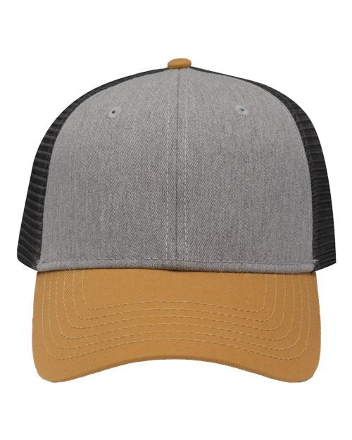 Sportsman Traditional Lo - Pro Mesh Back Trucker Fit Cap - Sportsman SP1450 Heather Grey/ Charcoal/ Vegas Gold Adjustable Hats
