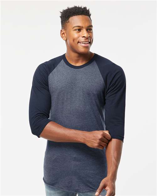 Tultex Unisex Fine Jersey Raglan T-Shirt - Heather Denim/ Navy - Tultex 245 Heather Denim/ Navy XS Short Sleeve T-Shirts